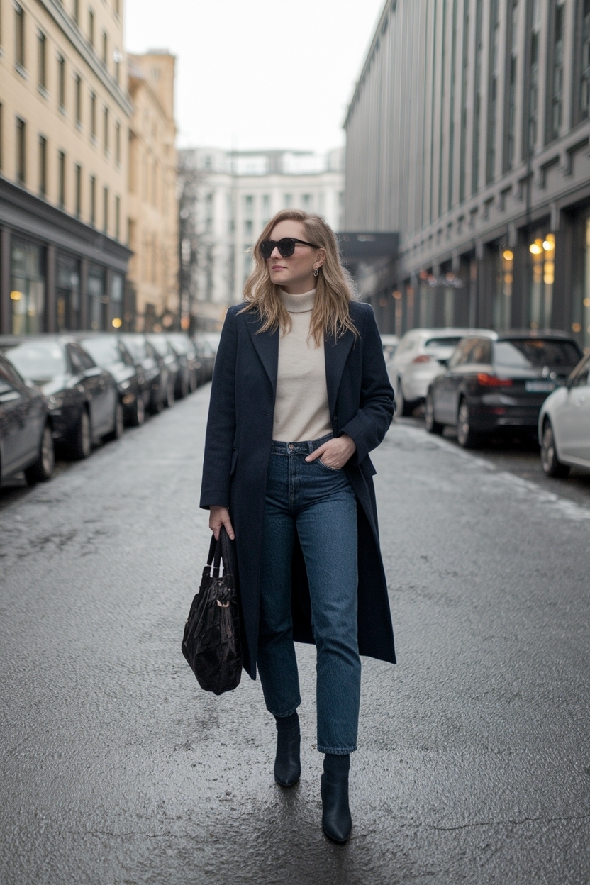 Stay Warm in a Dark Blue Jeans Outfit This Winter outfit idea