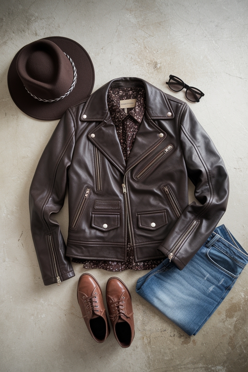 Dark Brown Leather Jacket Outfit: Timeless Elegance outfit idea