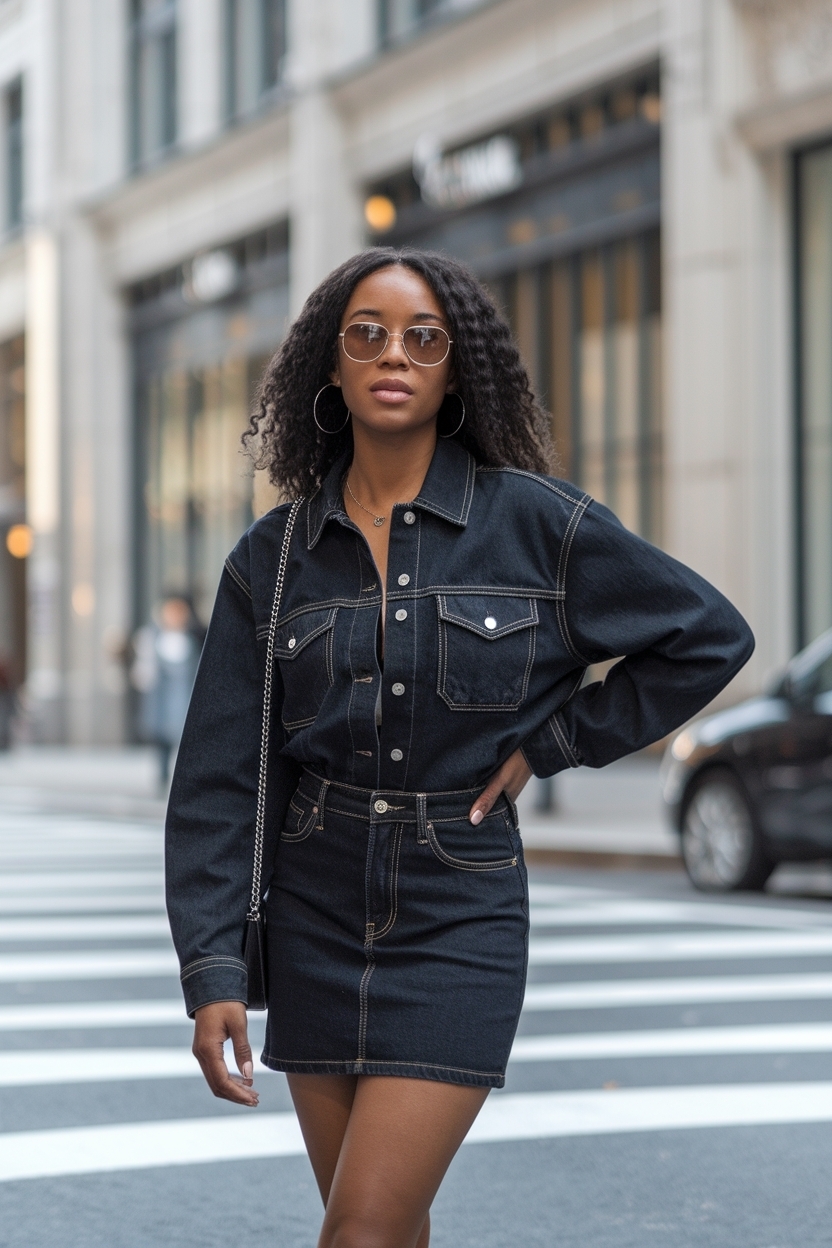Dark Denim Mini Skirt Outfit Ideas for Black Women outfit idea