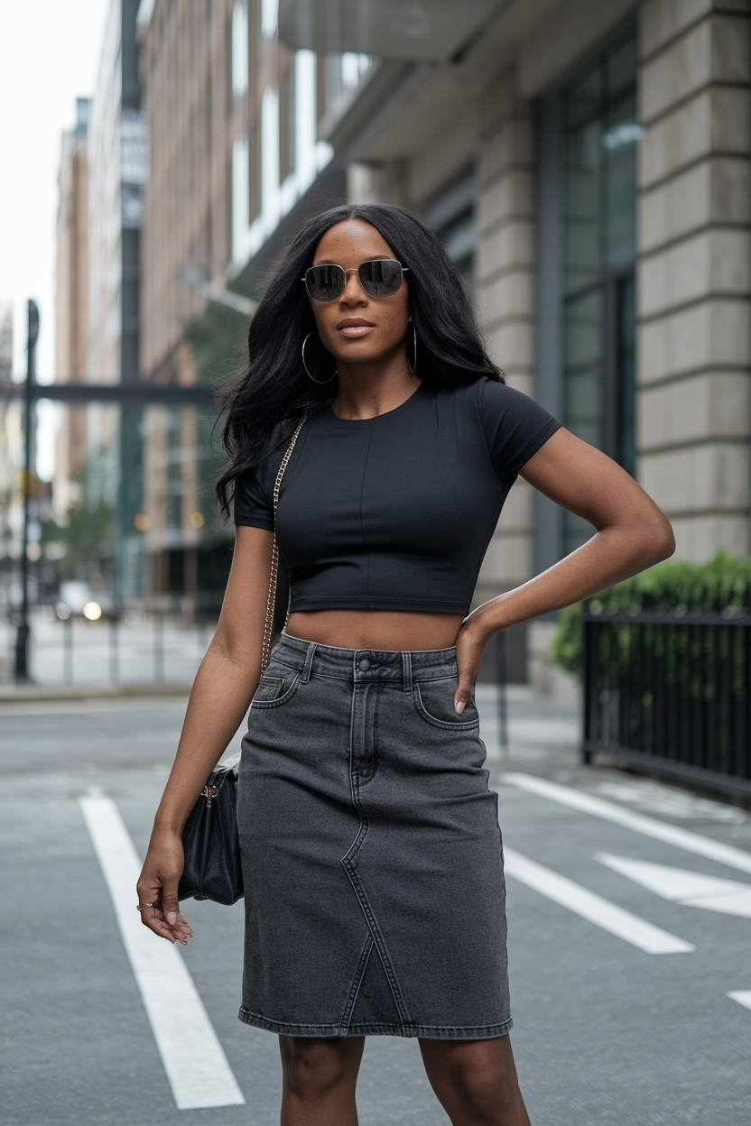 Fashionable Dark Grey Denim Skirt Outfit for Black Women outfit idea