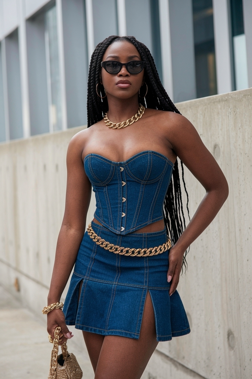 Denim Corset and Skirt Outfit Styles for Black Women outfit idea