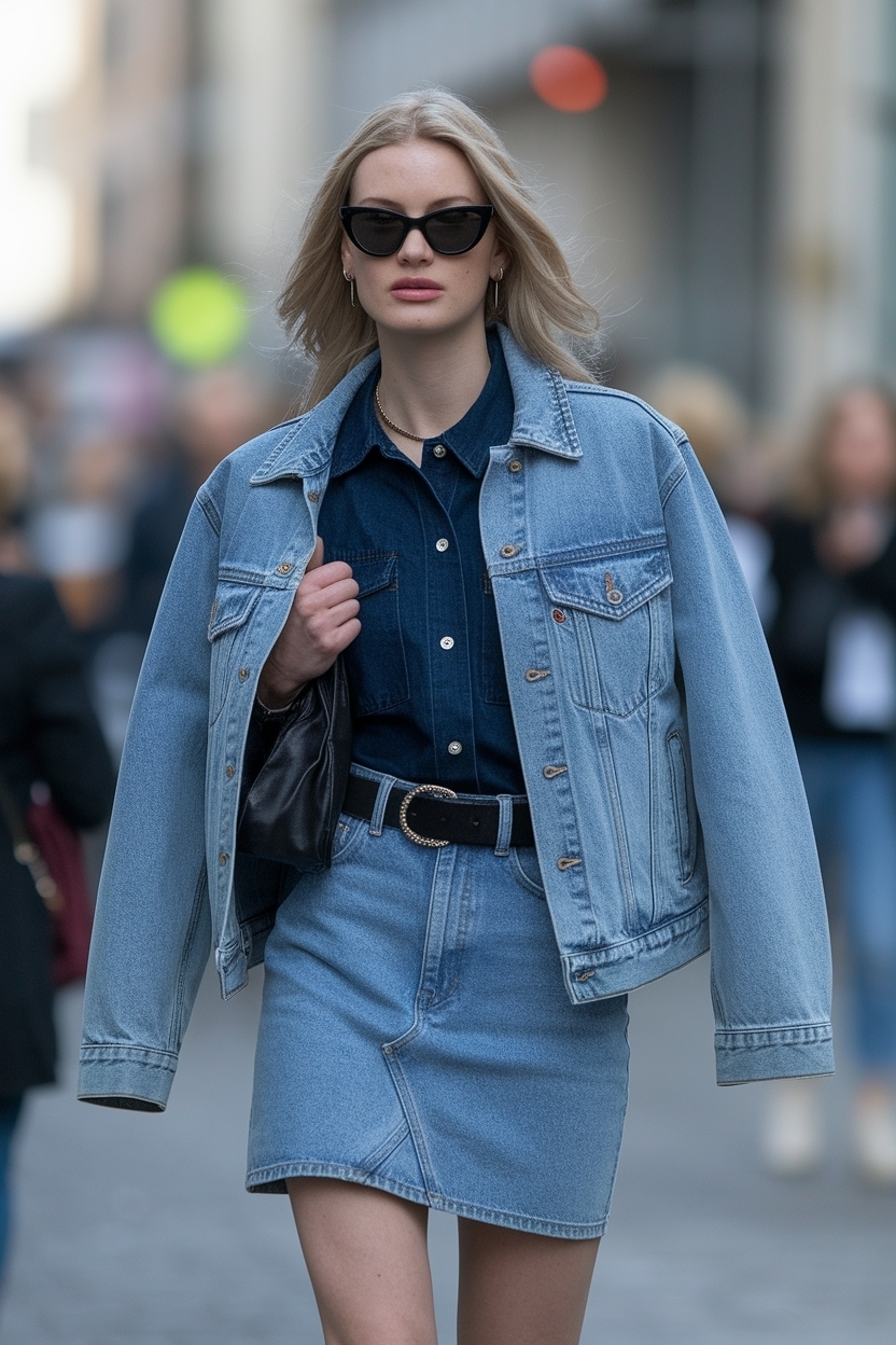 Denim Jacket and Denim Skirt Outfit Inspiration for Women outfit idea