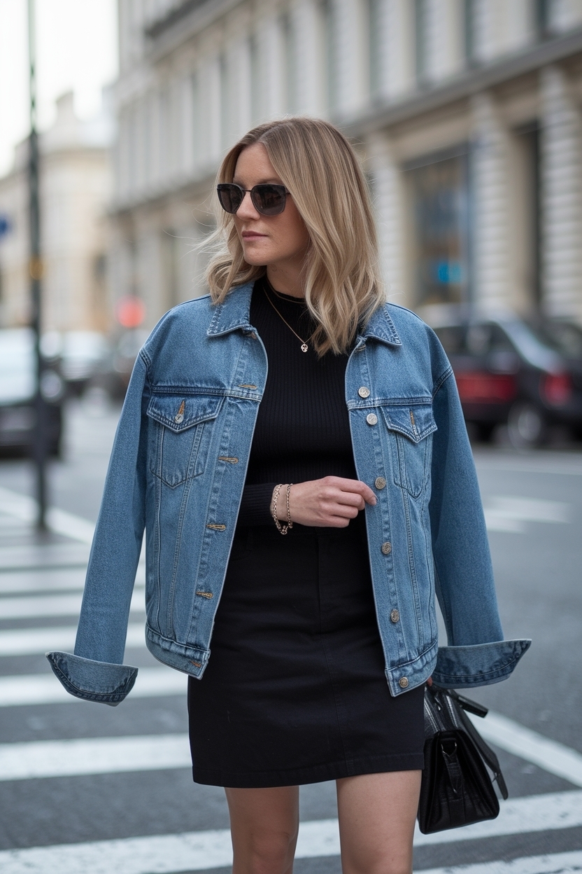 Denim Jacket Outfit Ideas for Women with Black Skirt outfit idea