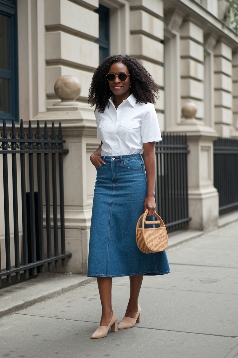 Stylish Denim Midi Skirt Outfit for Black Women outfit idea