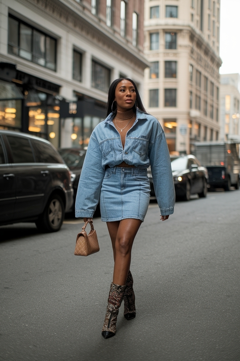 Denim Mini Skirt and Boots Outfit Black for a Chic Twist outfit idea