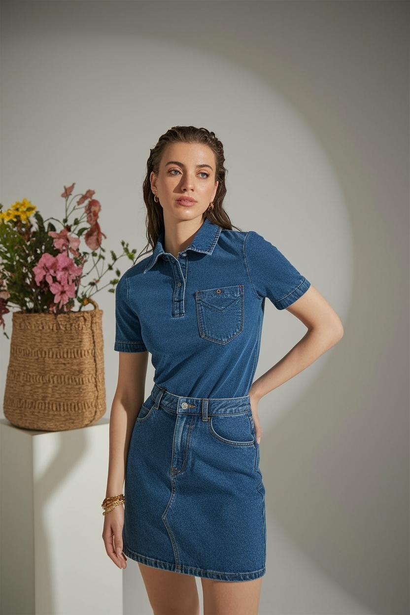 Denim Polo Outfit Styles for Women with Skirt outfit idea
