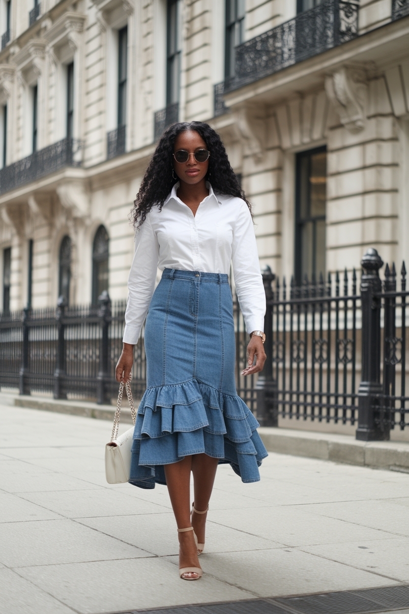 Trendy Denim Ruffle Skirt Outfit for Black Women outfit idea
