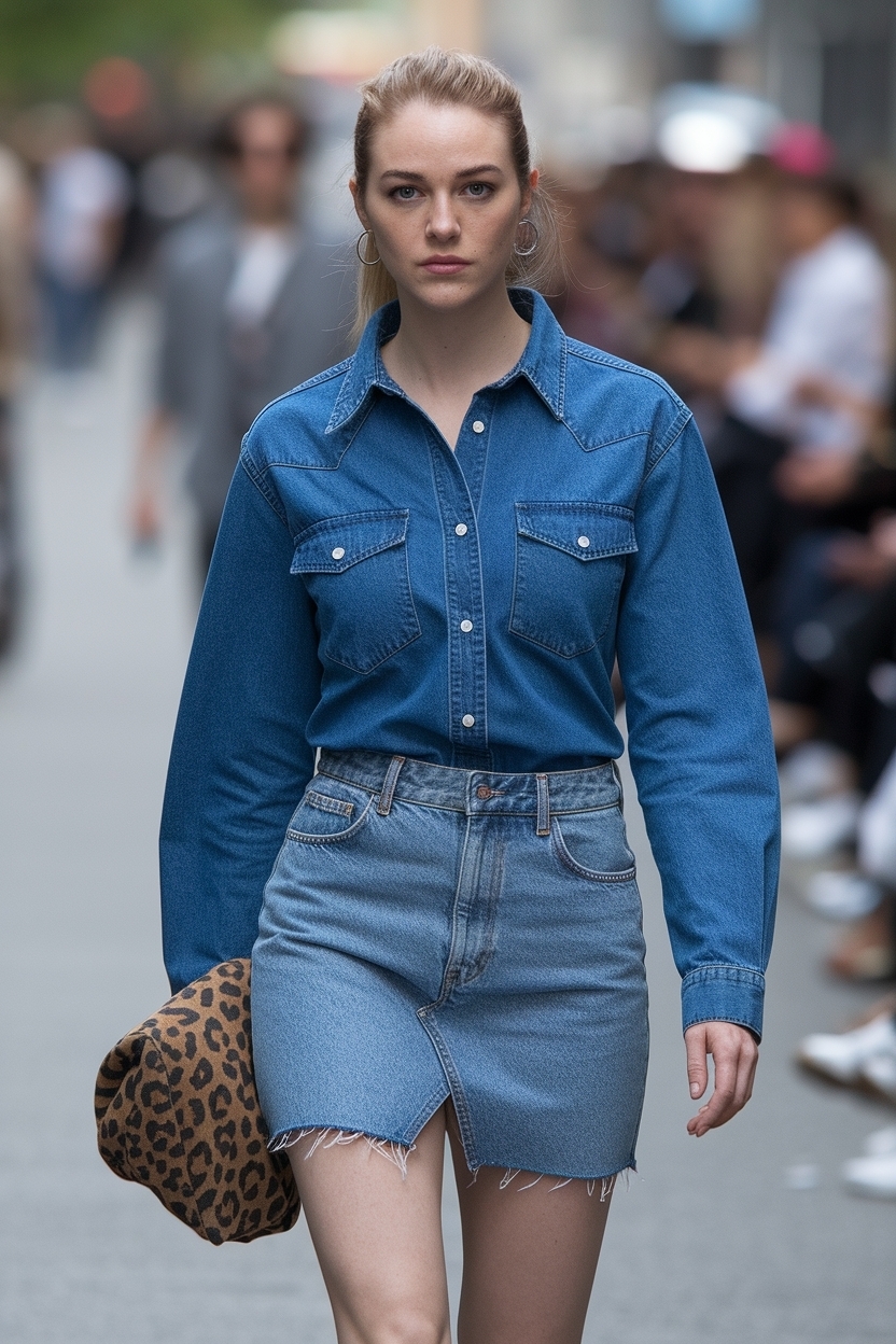 Denim Shirt and Denim Skirt Outfit Ideas for Women outfit idea