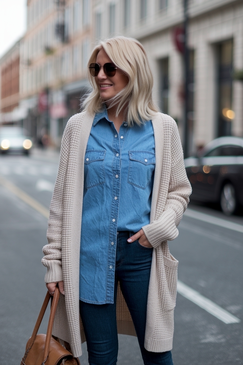 Denim Shirt with Cardigan Outfit Women for Layering outfit idea