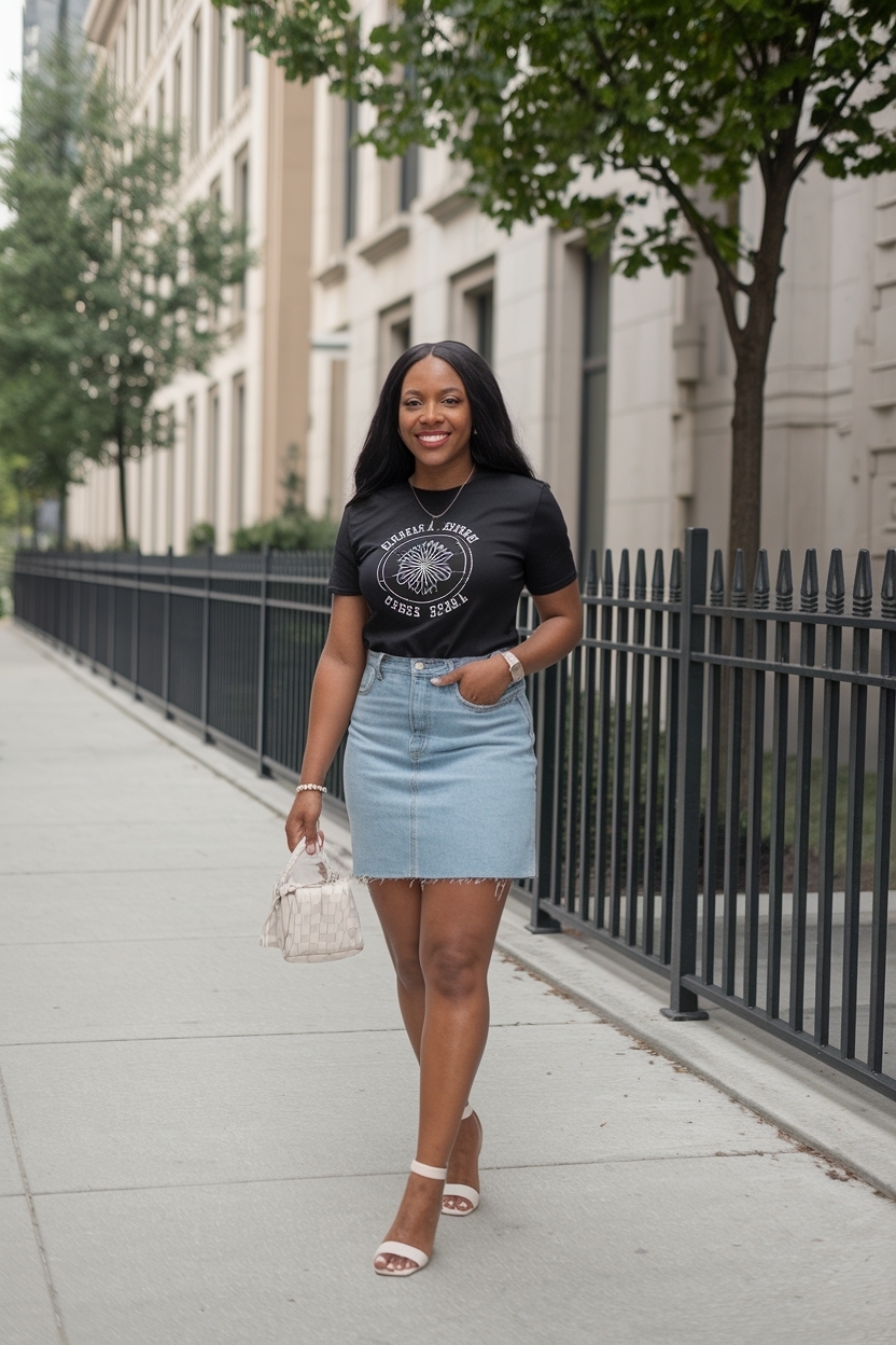 Denim Skirt Graphic Tee Outfit Black Women: Fun & Casual outfit idea