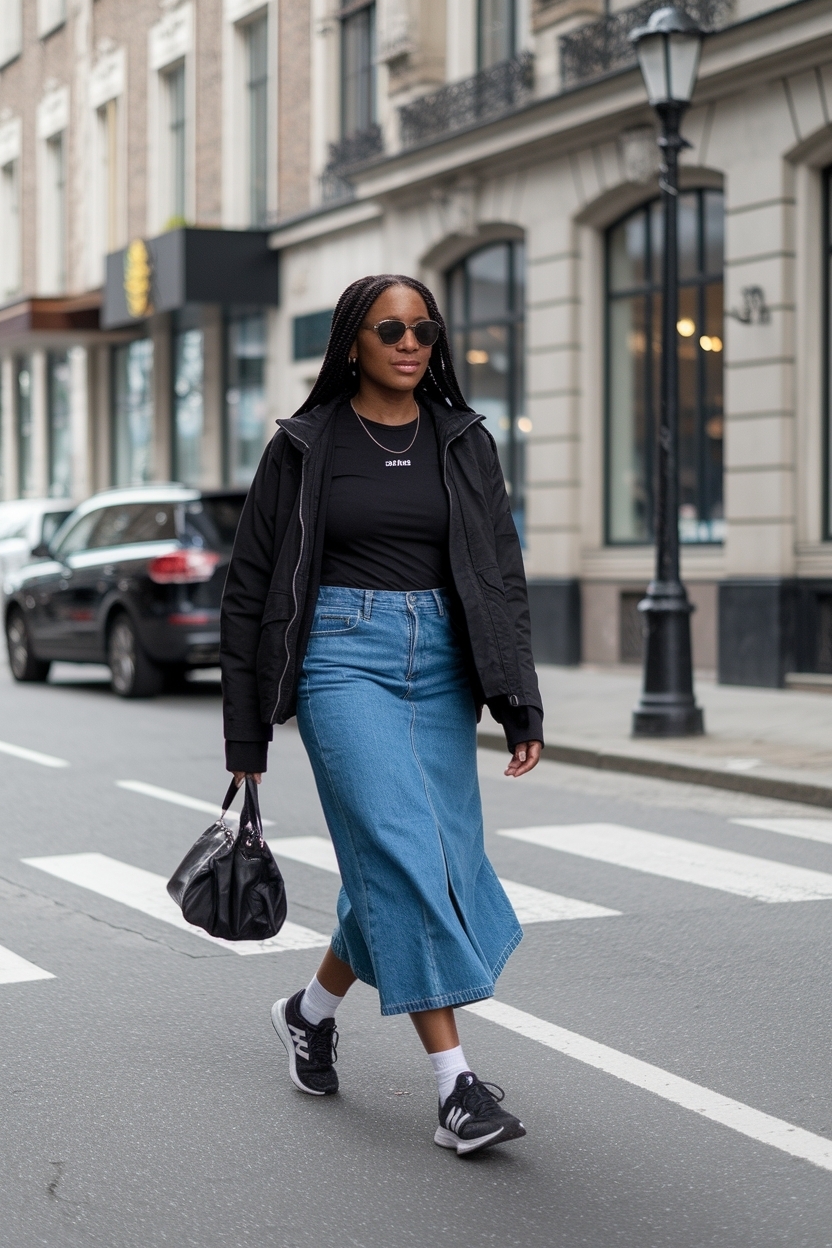 Denim Skirt Outfit Black Women New Balance: Sporty Elegance outfit idea