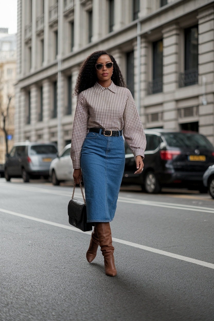 Denim Skirt Outfit Black Women with Boot for Seasonal Style outfit idea