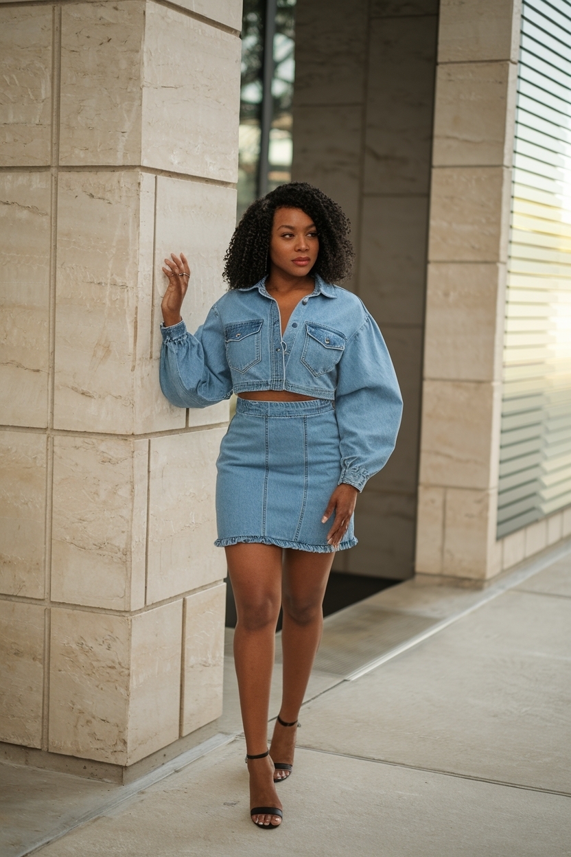 Denim Two Piece Skirt Outfit Black Women: Coordinated Fashion Tips outfit idea