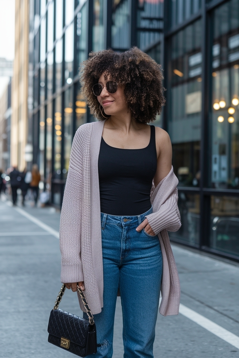 Drop Shoulder Cardigan Outfit Black Women: Trendy Layering outfit idea