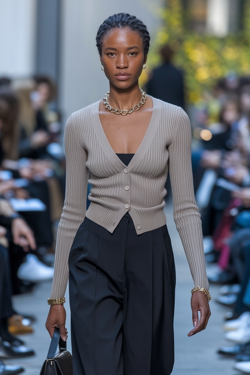 Fitted Cardigan Outfit Black Women: Layering with Denim Skirts outfit idea