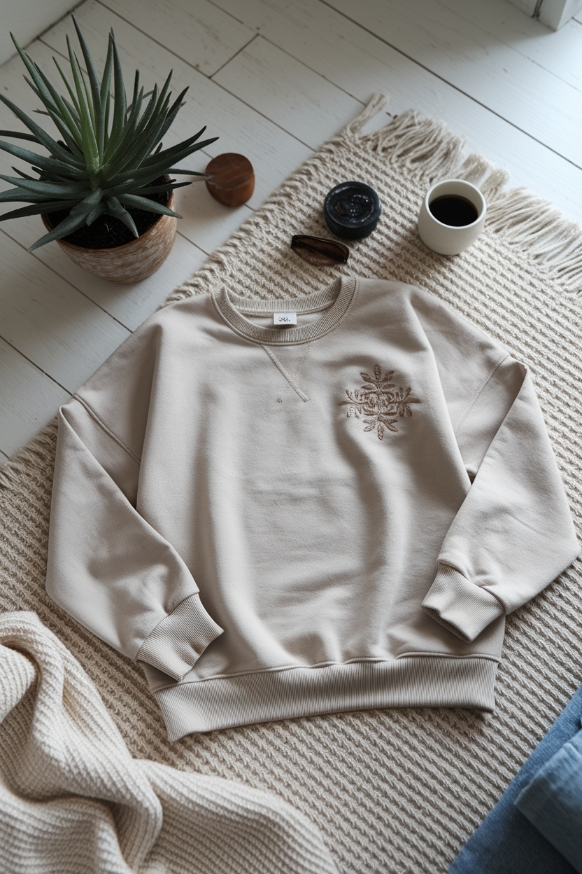 Flat Lay of Neutral Embroidered Sweatshi: Style Inspiration outfit idea