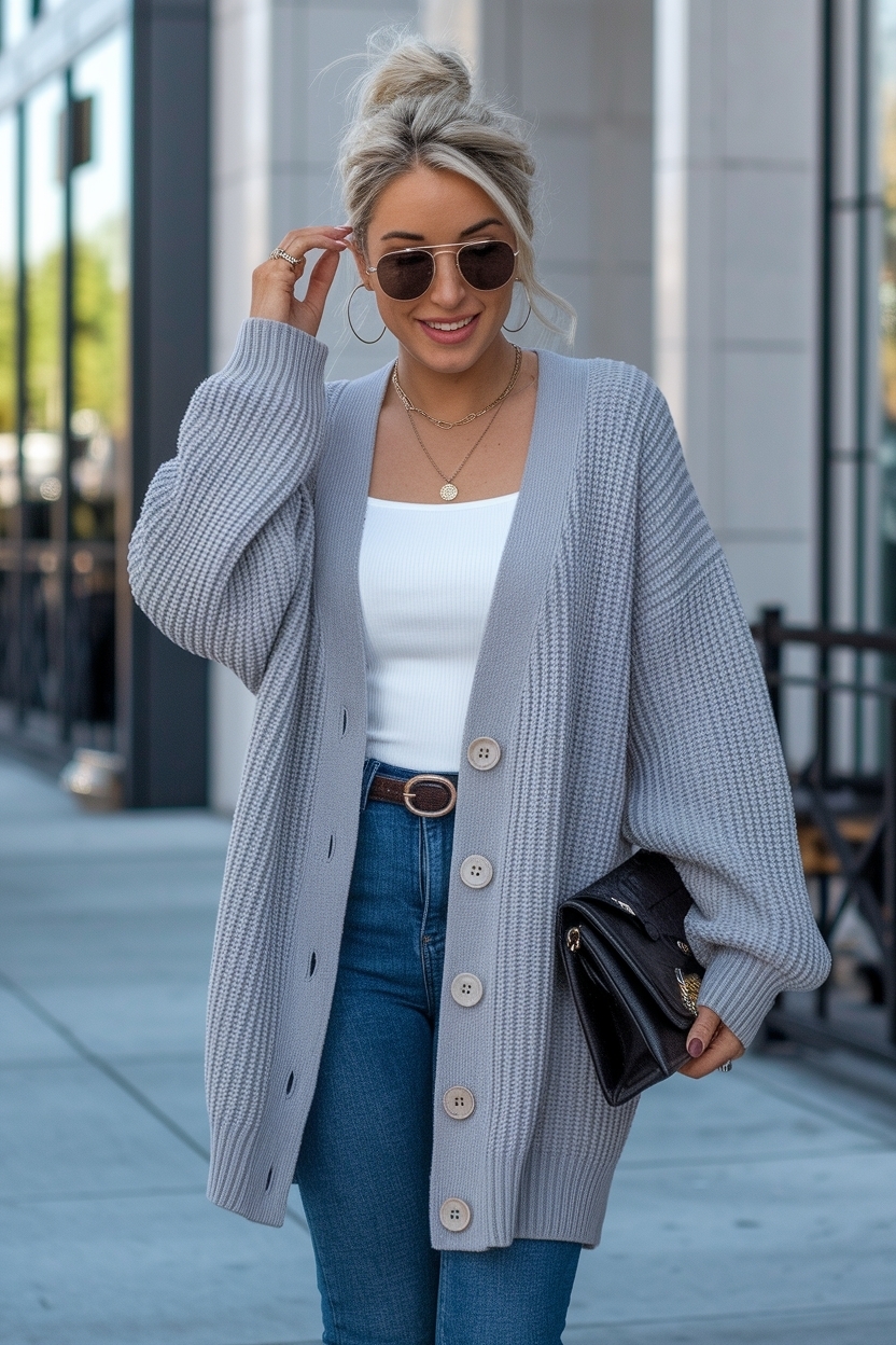 Gray Button Up Cardigan Outfit Women for a Polished Look outfit idea