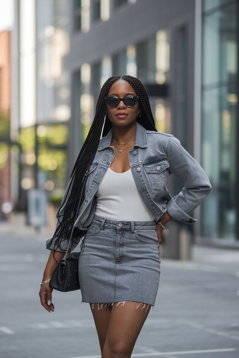 Grey Denim Mini Skirt Outfit Black Women: Youthful and Fun Styles outfit idea