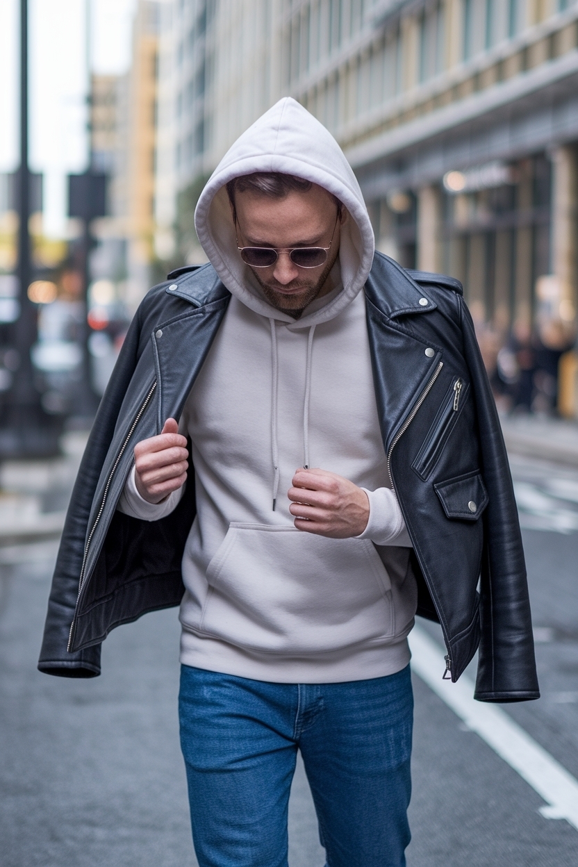 Hoodie and Leather Jacket Outfit: Casual Cool Vibes outfit idea