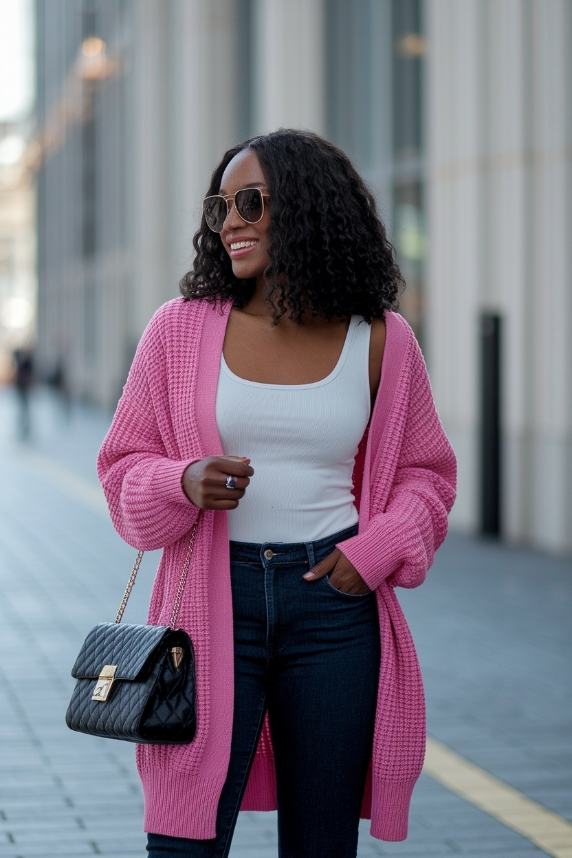 Hot Pink Cardigan Outfit Black Women for Bold Statements outfit idea