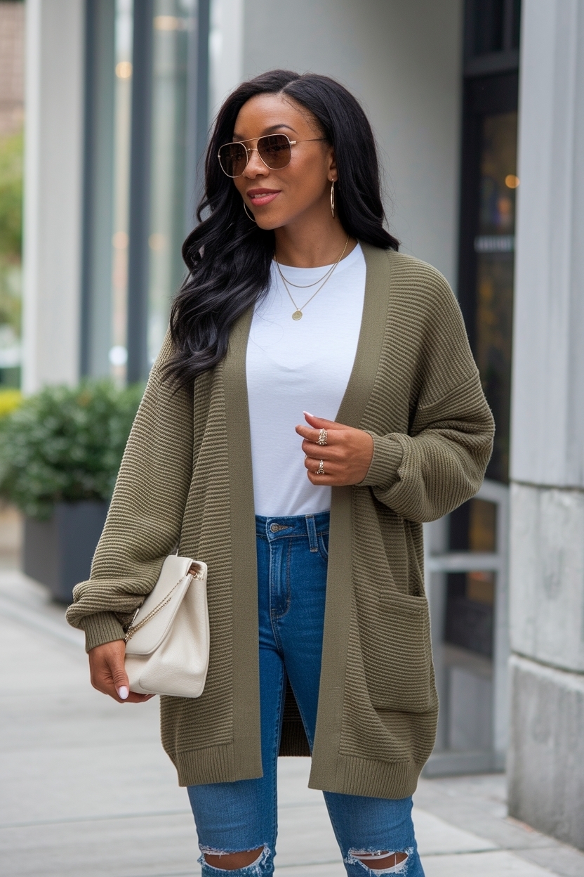 Khaki Cardigan Outfit Black Women: Perfect Pair with Denim Skirts outfit idea