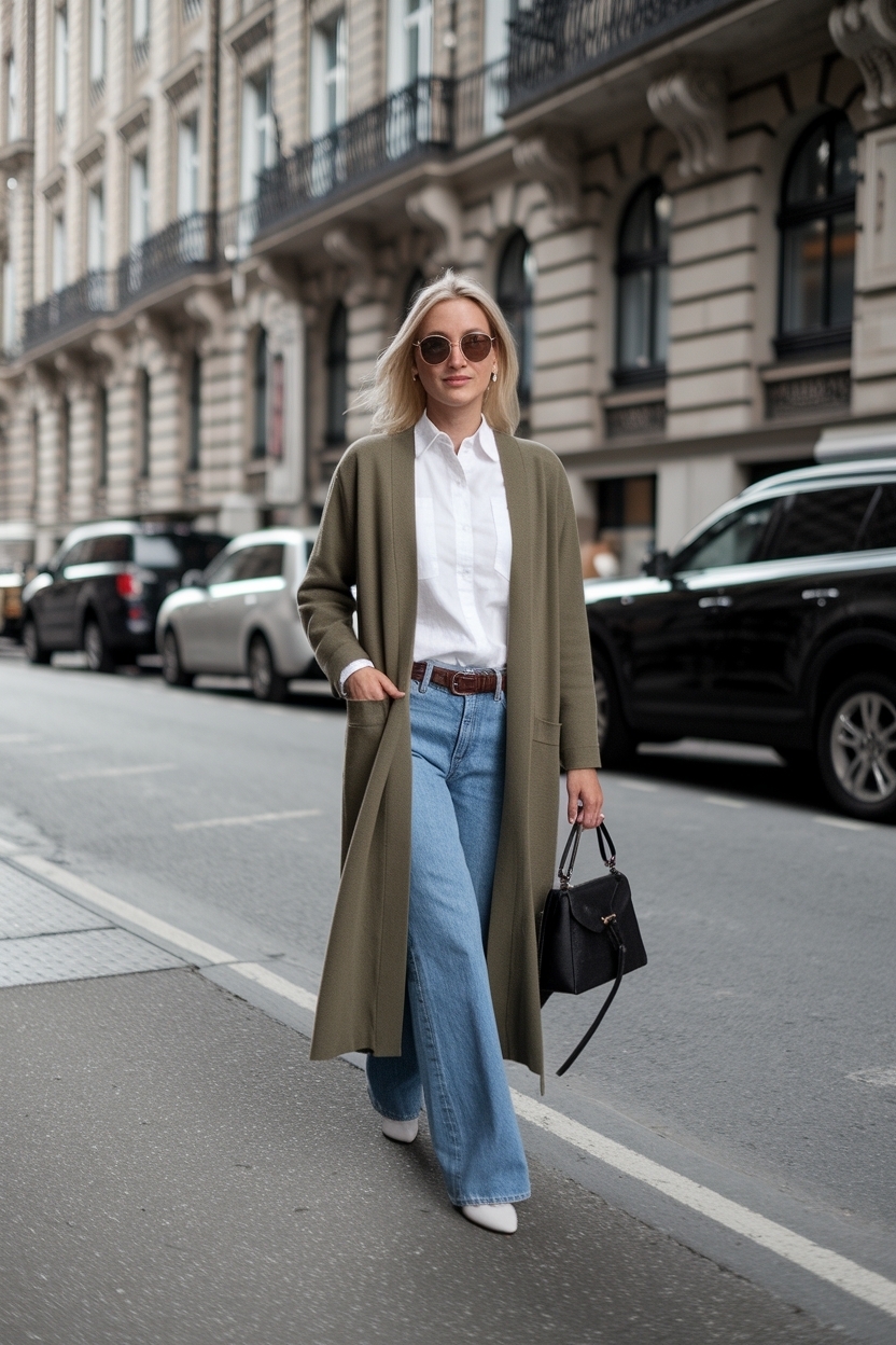 Khaki Long Cardigan Outfit for Women This Spring outfit idea