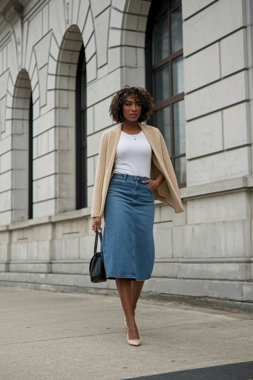 Knee Length Denim Skirt Outfit Black Women: Sophisticated Choices outfit idea