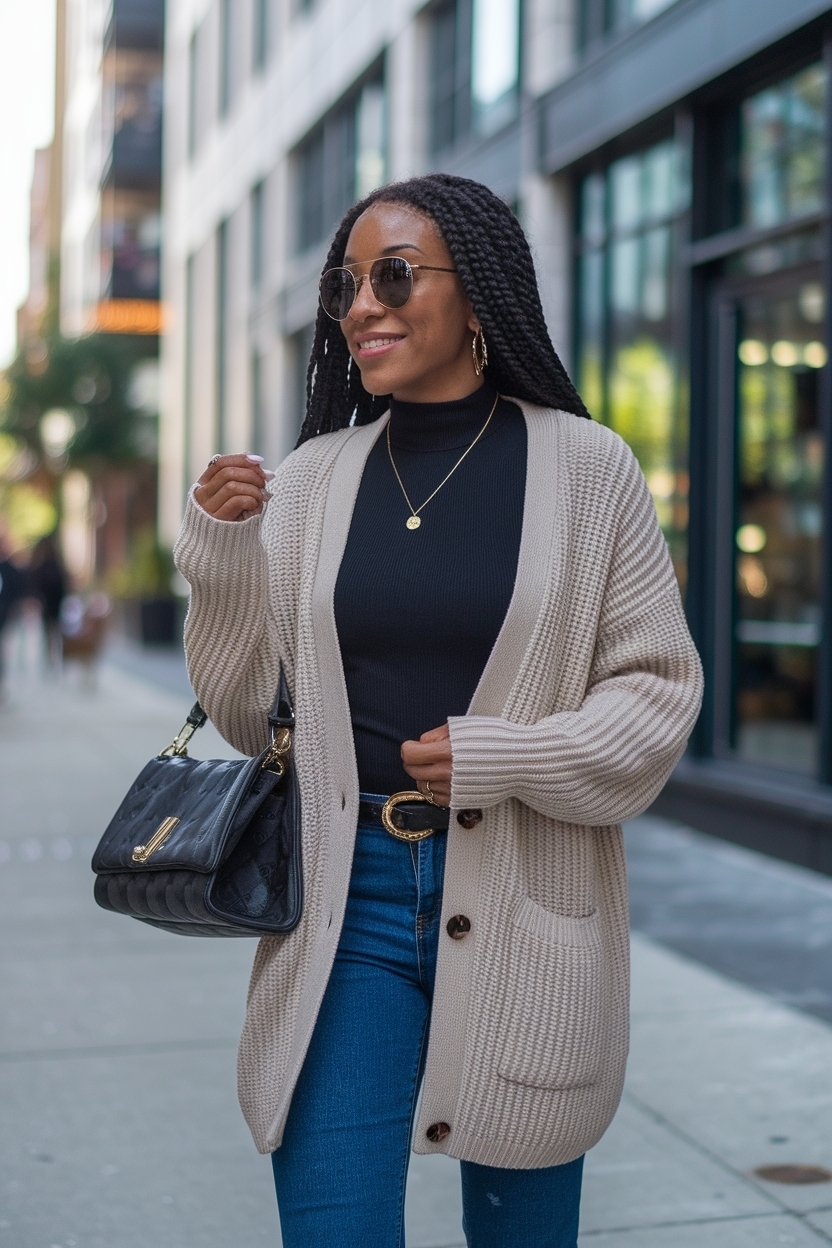 Knit Cardigan Outfit Black Women: Cozy Looks with Denim Skirts outfit idea