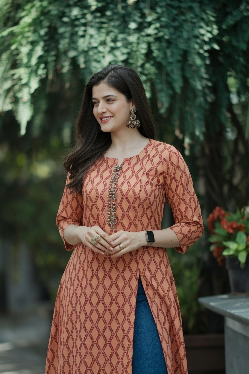 Stylish Kurti with Jeans Outfit Ideas for Modern Women outfit idea