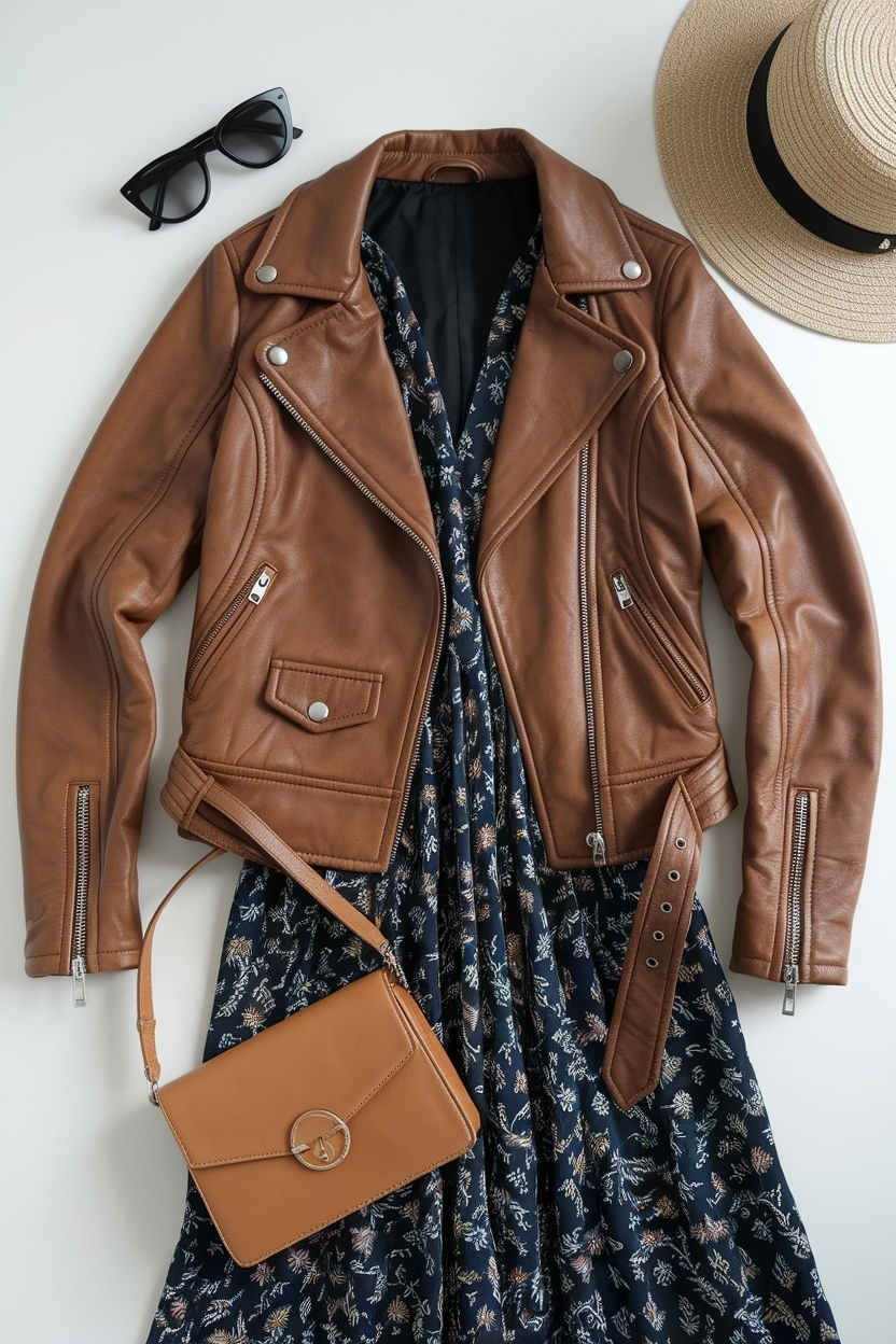 Leather Jacket and Dress Outfit for Effortless Elegance outfit idea