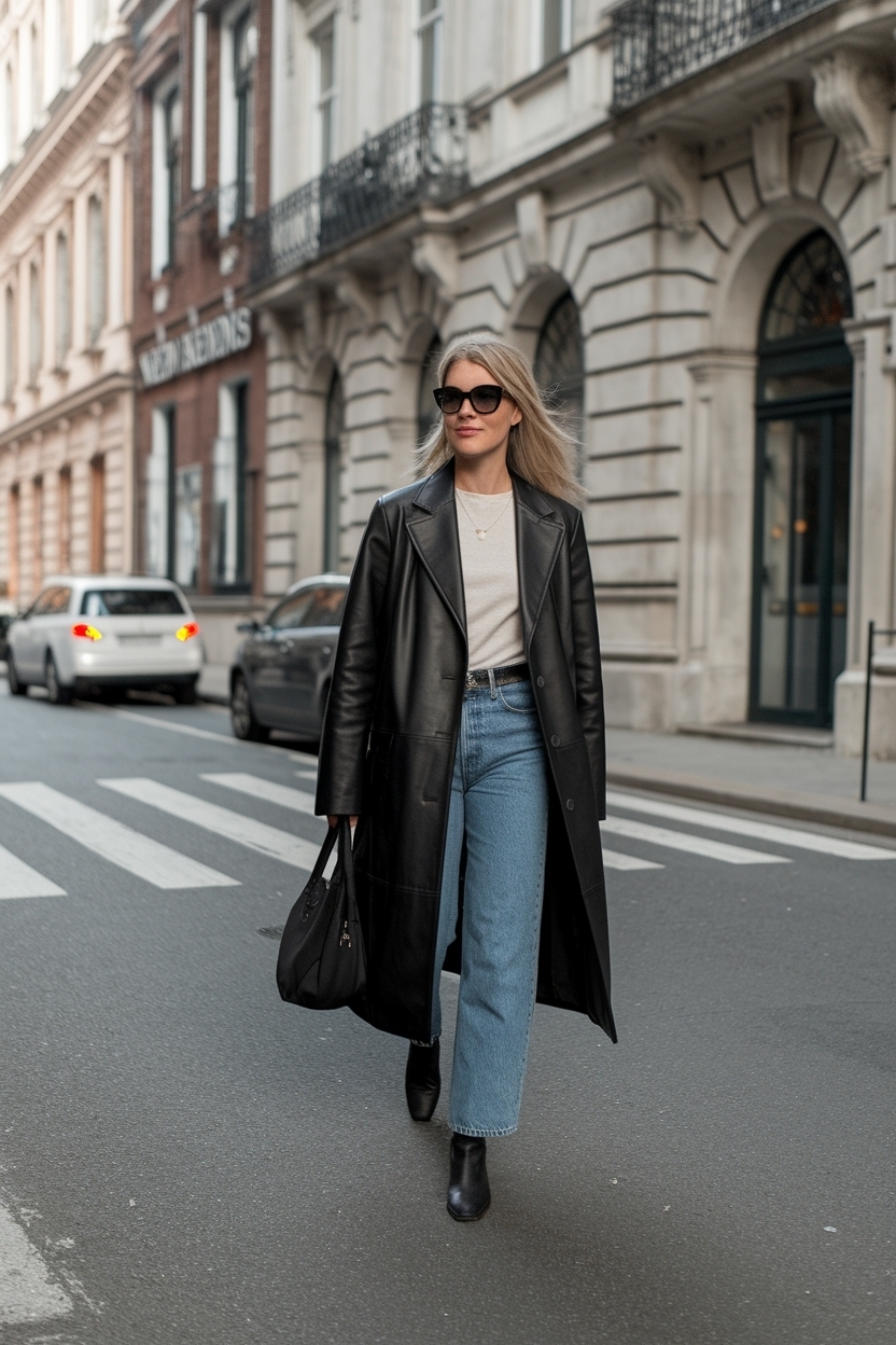 Long Black Leather Jacket Outfit for an Edgy Look outfit idea