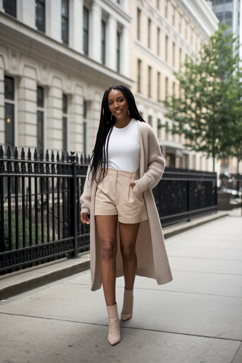 Long Cardigan and Shorts Outfit for Black Woman outfit idea