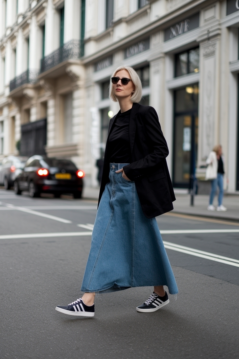 Long Denim Skirt Outfit Black Women Sneaker: Casual Chic outfit idea