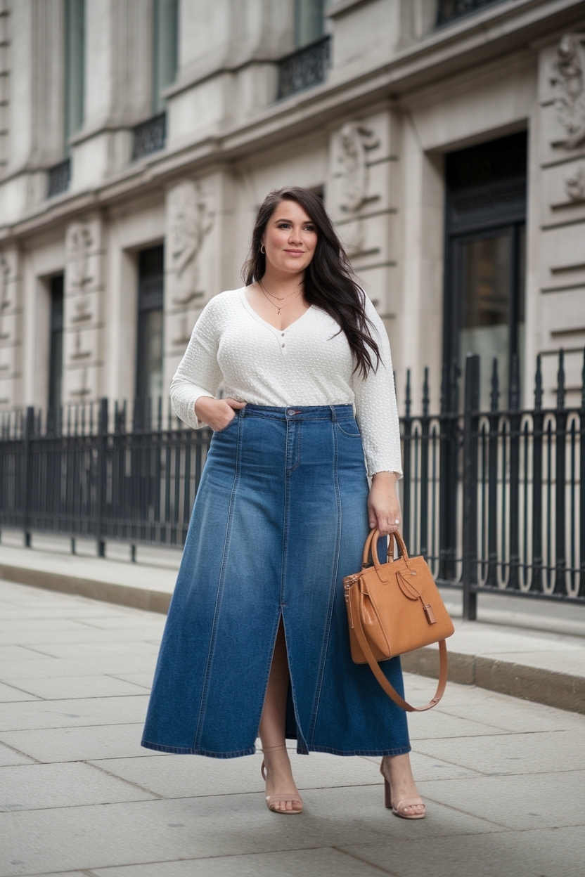 Long Denim Skirt Outfit Plus Size Women: Confidence in Style outfit idea