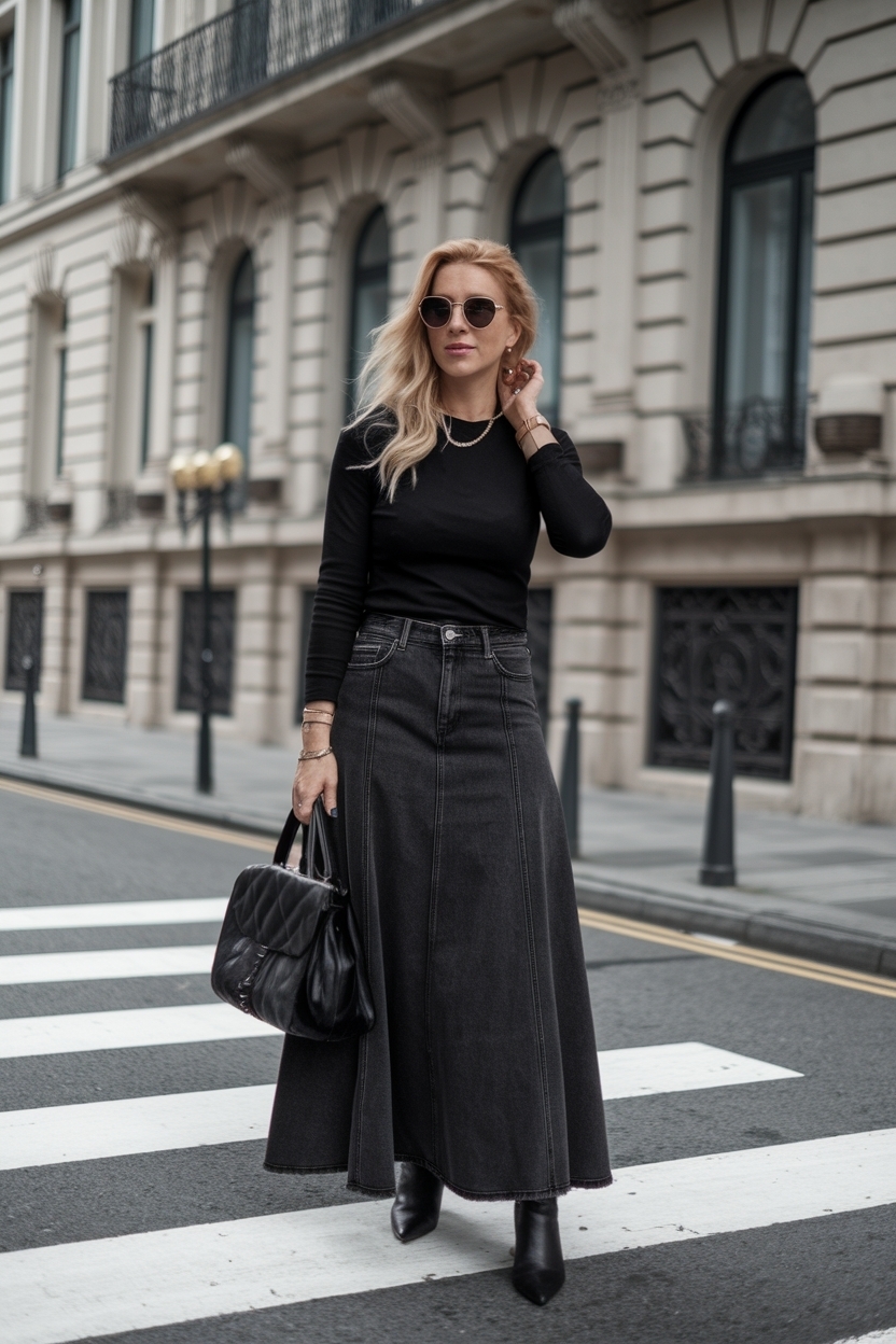 Maxi Skirt Outfit Black Women Denim: Bold and Beautiful outfit idea