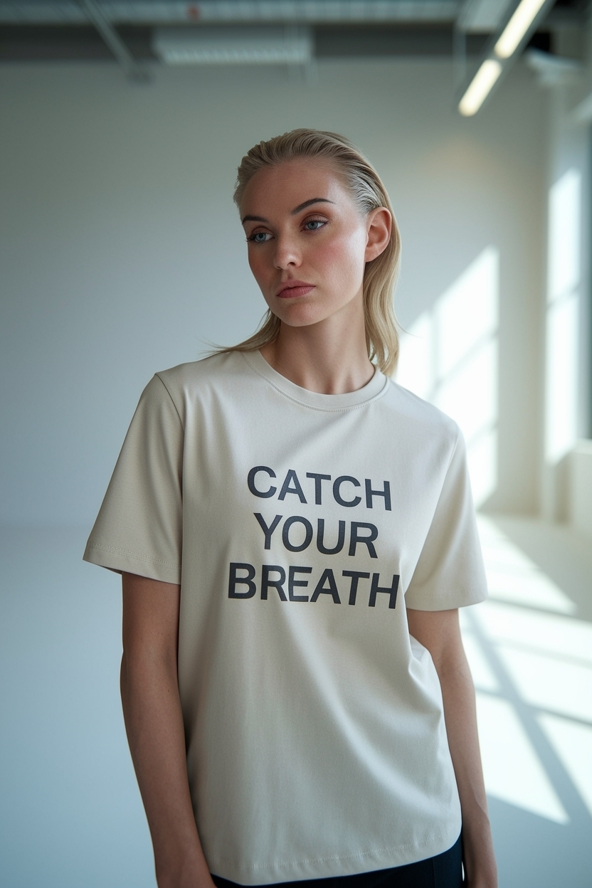 Model in Neutral Catch Your Breath T-Shirt: Fashion Forward Looks outfit idea
