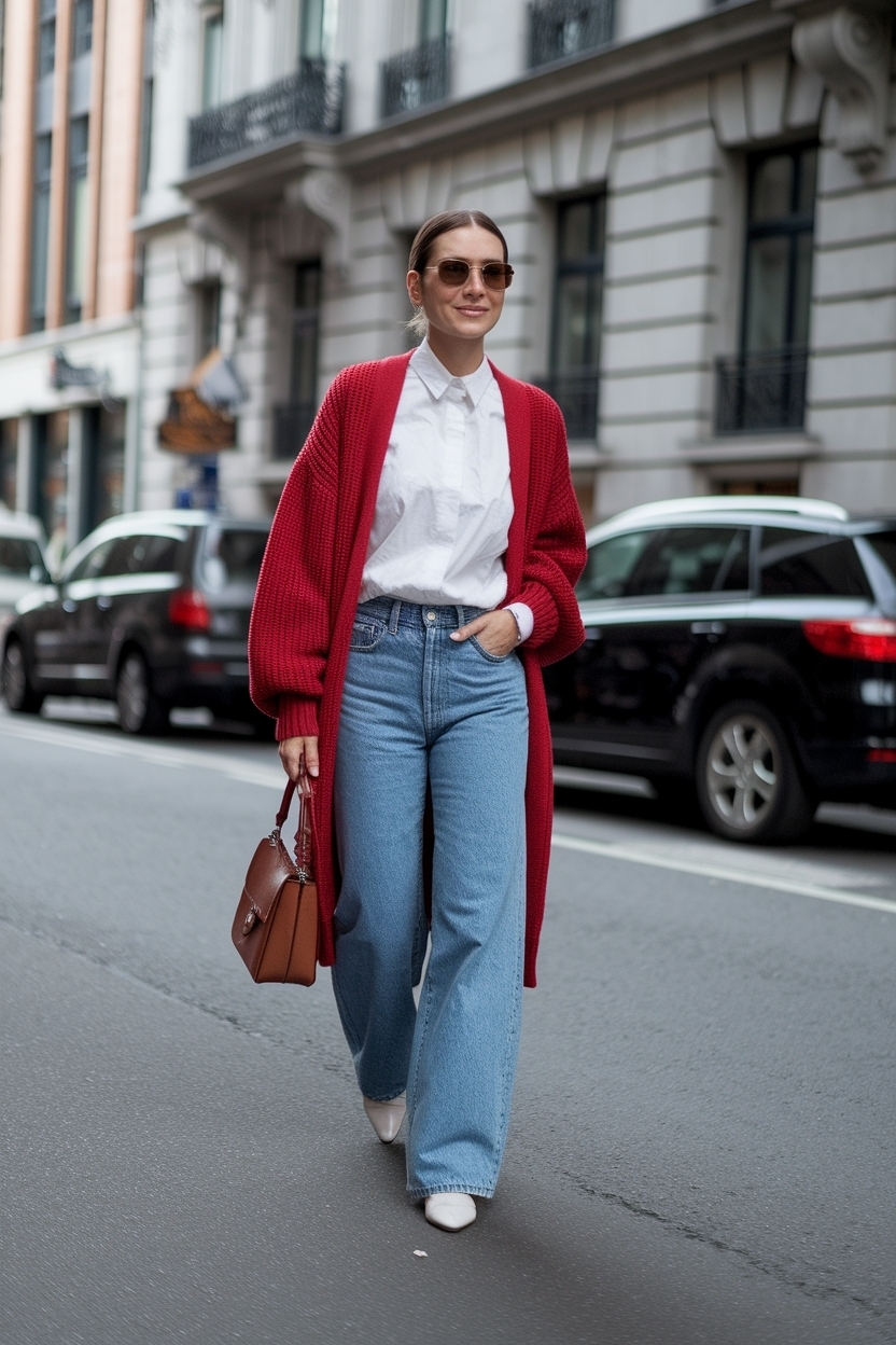 Chic Outfit with Red Cardigan Women for Bold Style outfit idea
