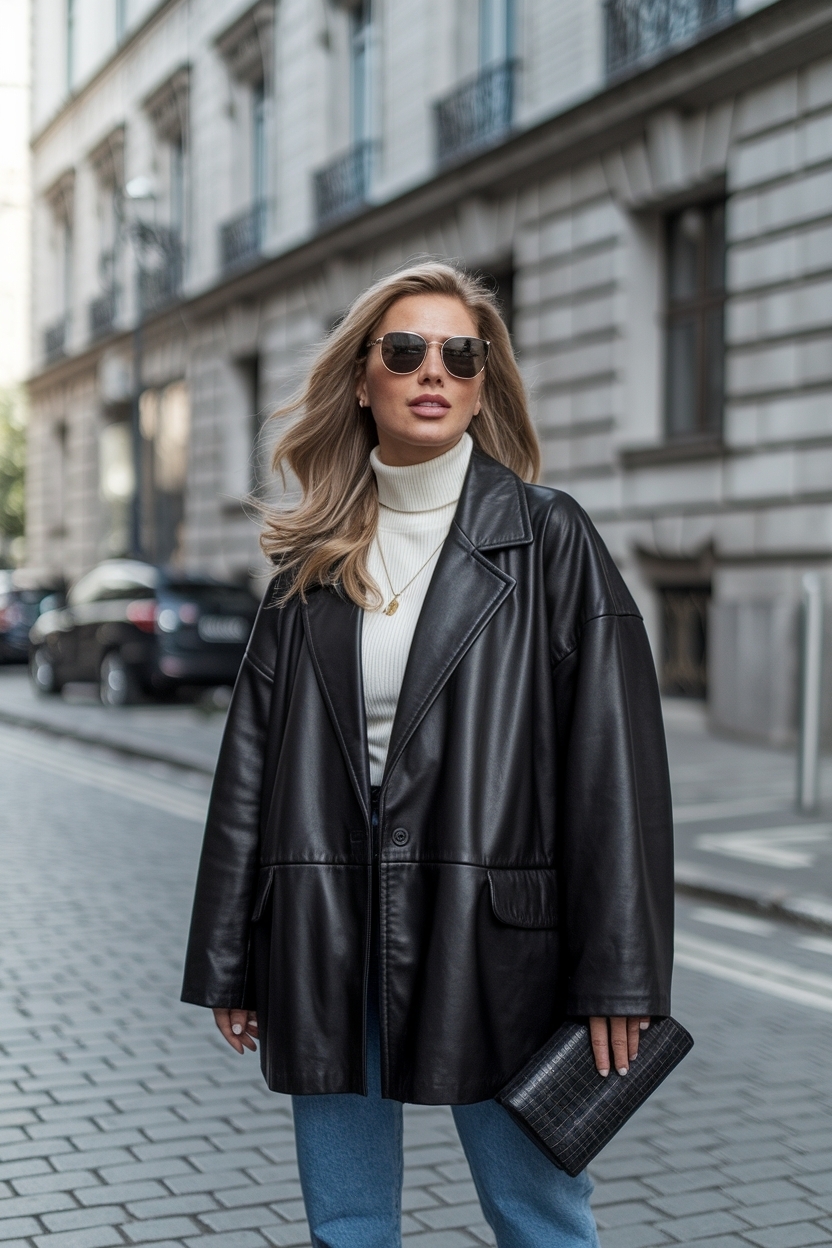Oversize Black Leather Jacket Outfit Women for Street Style outfit idea