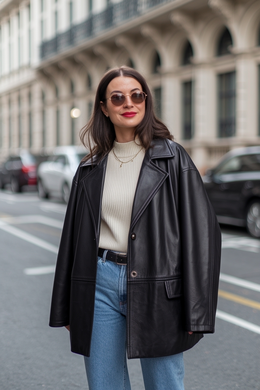 Versatile Oversize Leather Jacket Outfit Women to Try outfit idea