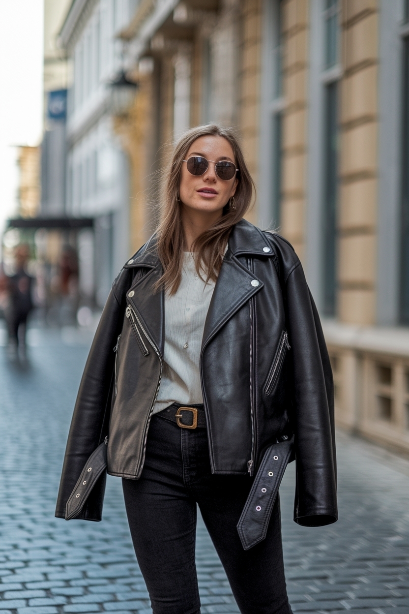Oversized Biker Leather Jacket Outfit Women for Bold Looks outfit idea