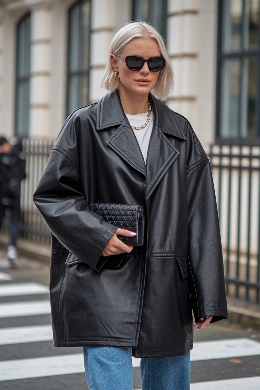 Trendy Oversized Black Leather Jacket Outfit for Fall outfit idea