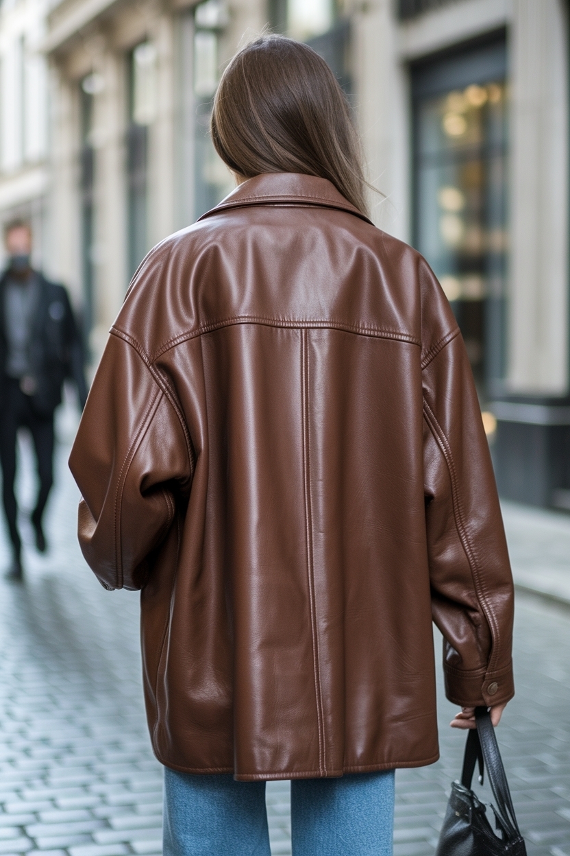 Stylish Oversized Brown Leather Jacket Outfit for Cozy Days outfit idea