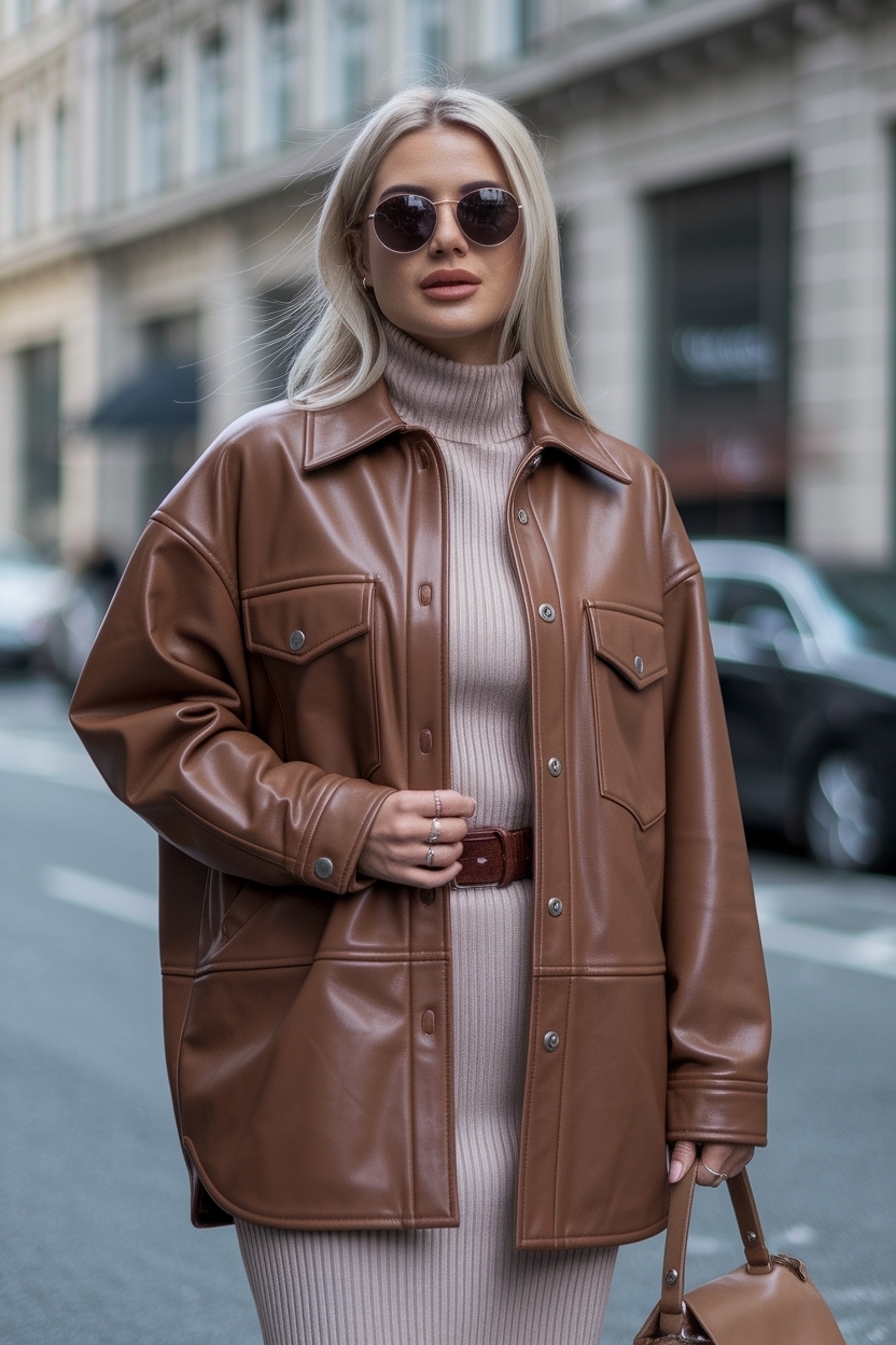 Fashionable Oversized Brown Leather Jacket Outfit Women outfit idea