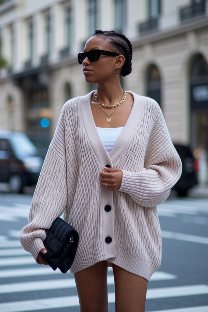 Oversized Cardigan and Shorts Outfit Bla: Effortless Fall Style outfit idea