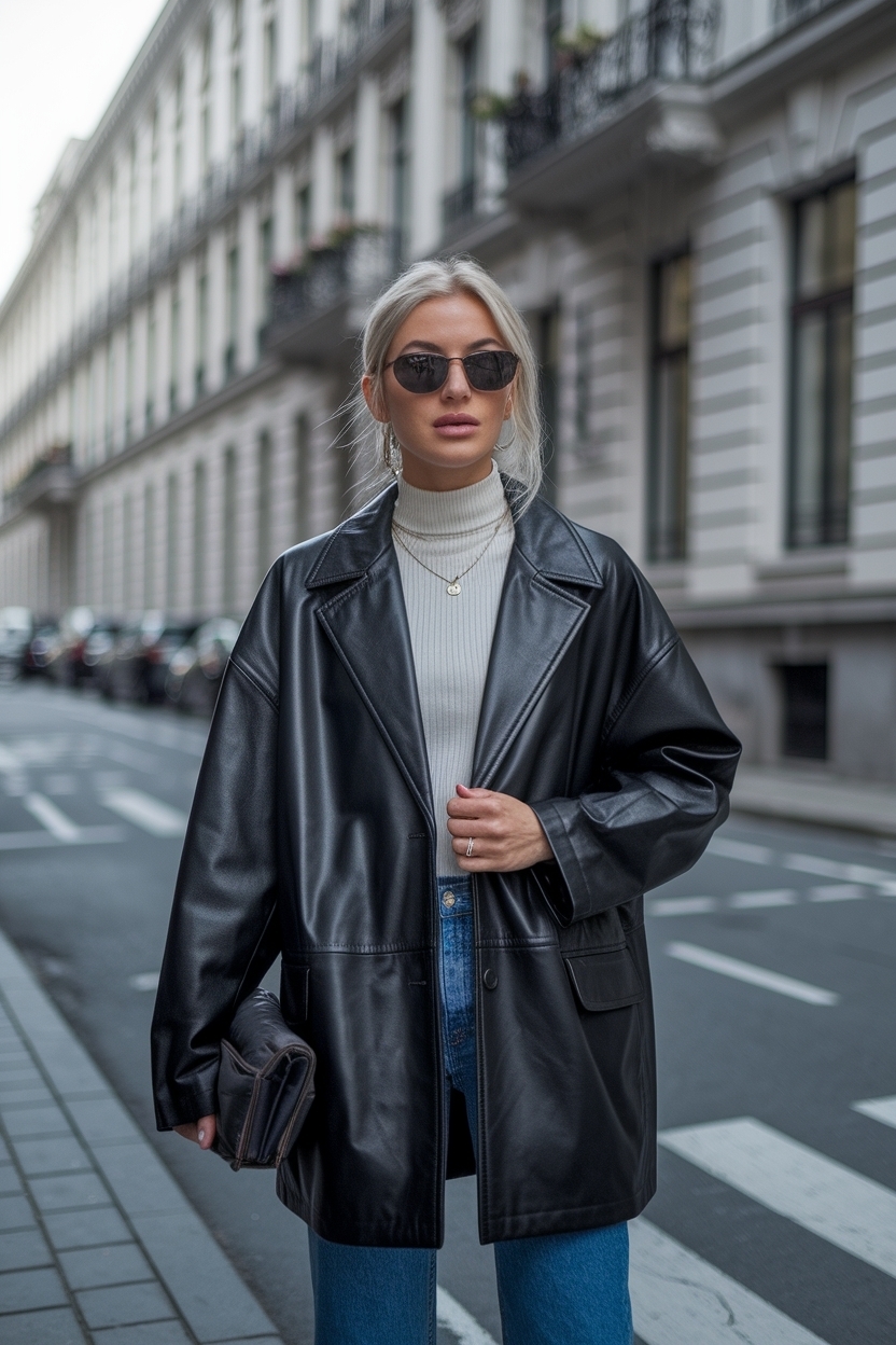 Oversized Leather Jacket Outfit for Women: Casual and Chic outfit idea