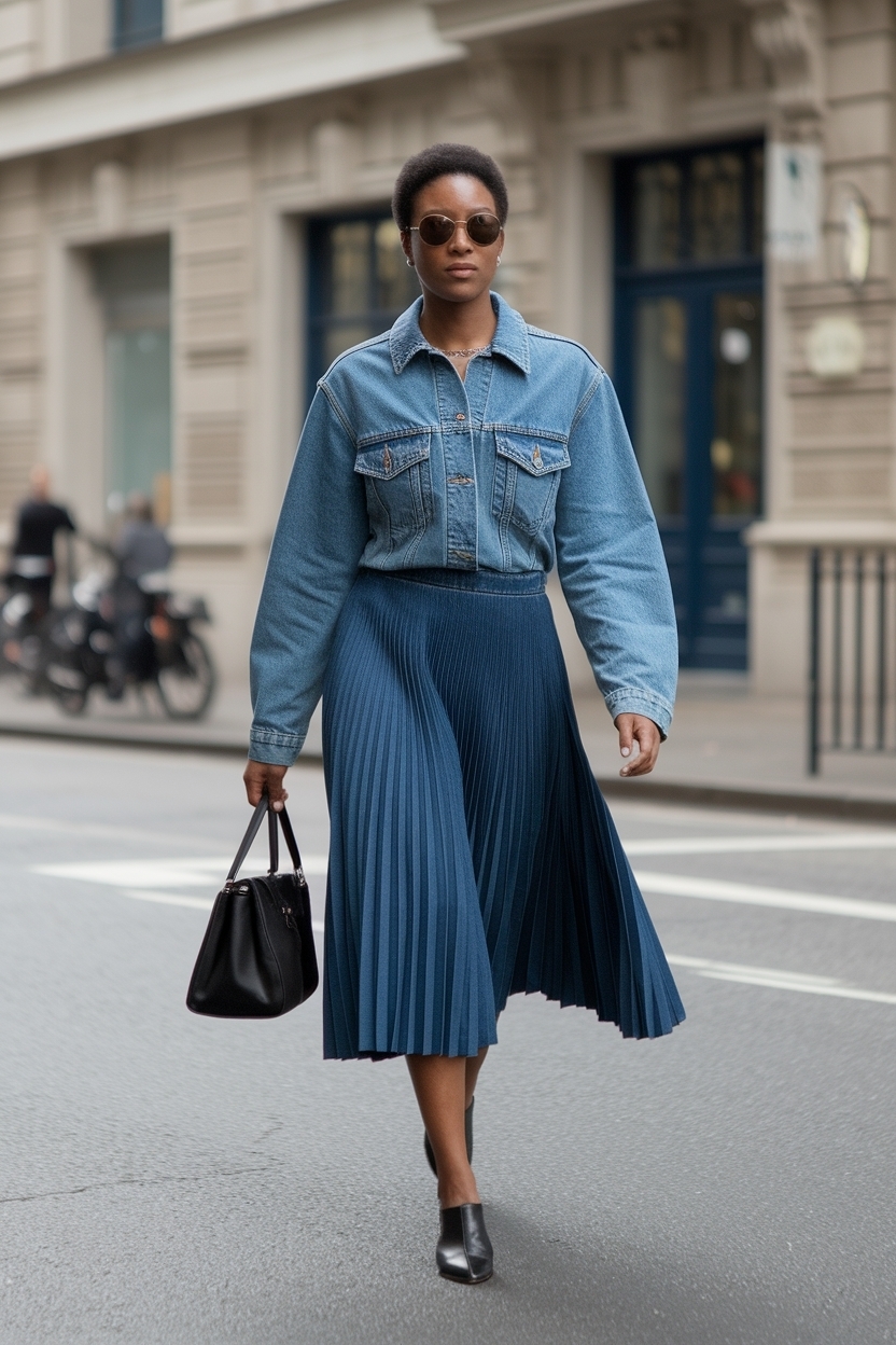 Pleated Skirt Denim Outfit Black Women: Chic Combinations outfit idea