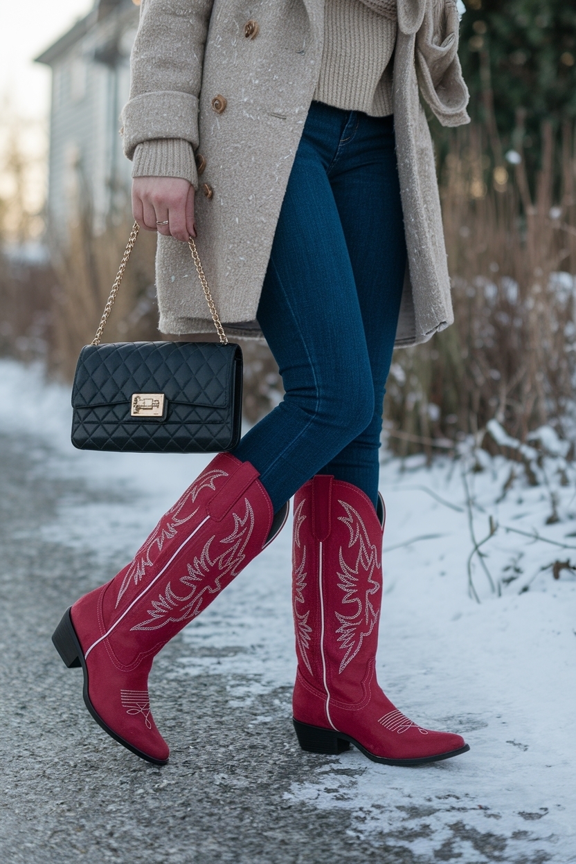 Red Cowboy Boots Outfit Winter: Bold Statement Looks outfit idea