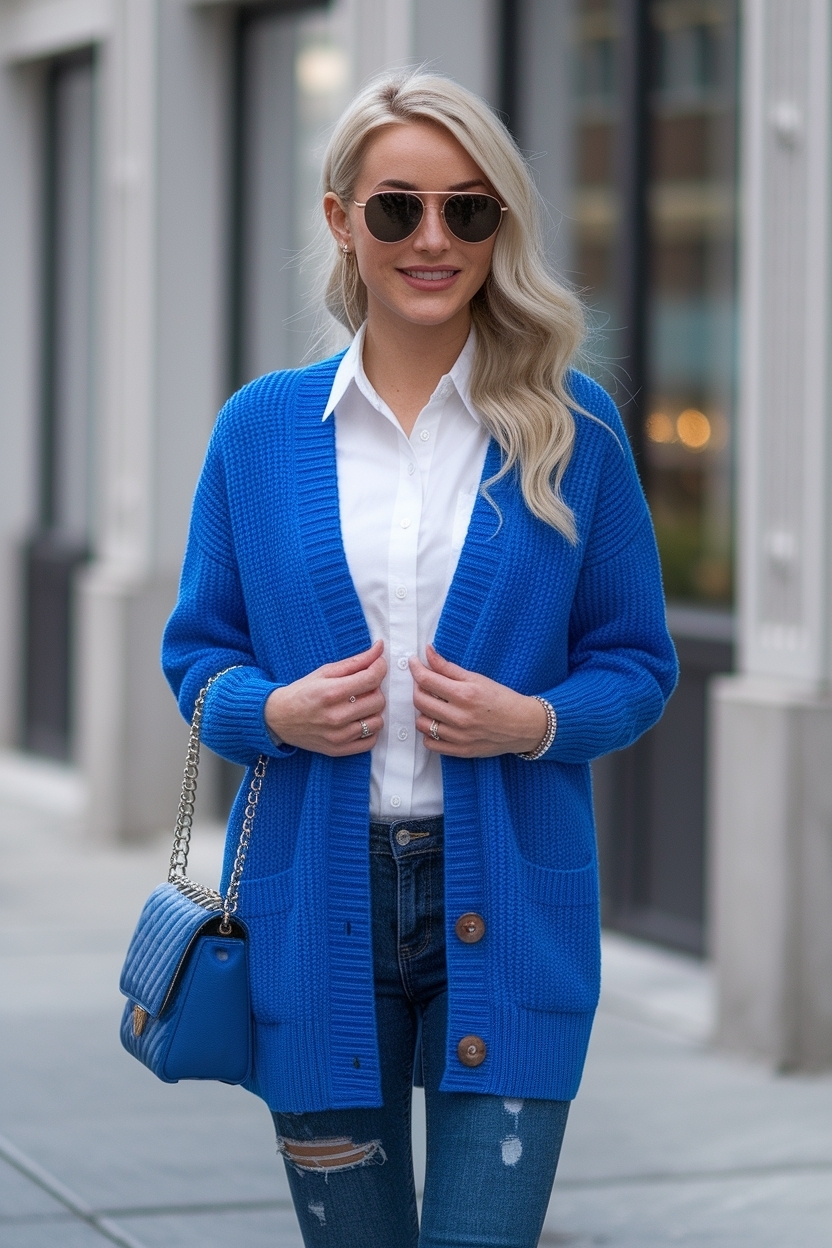 Royal Blue Cardigan Outfit Women for Bright Looks outfit idea