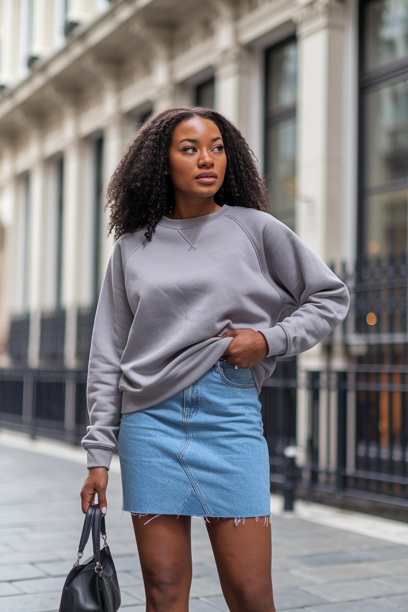 Sweatshirt and Denim Skirt Outfit Black: Cozy Chic outfit idea