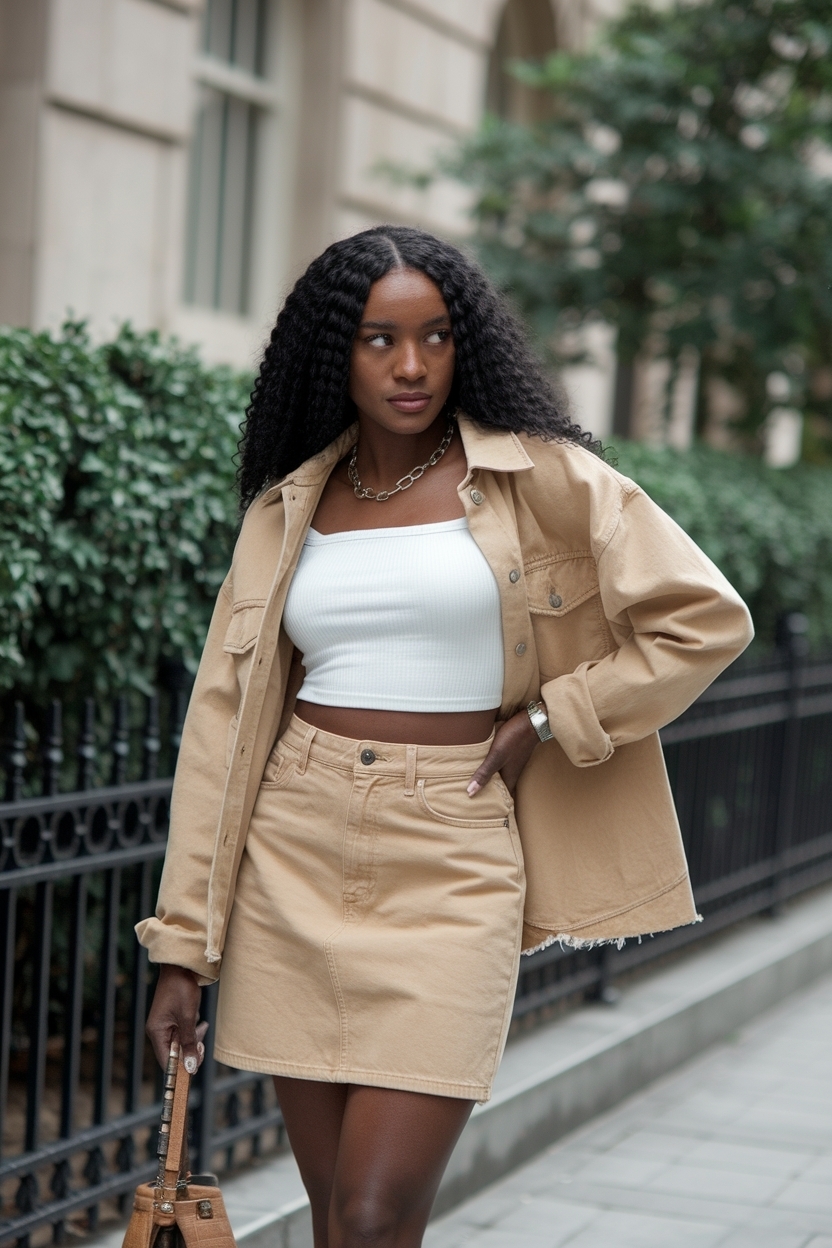 Tan Denim Skirt Outfit Black Women: Warm Weather Style outfit idea
